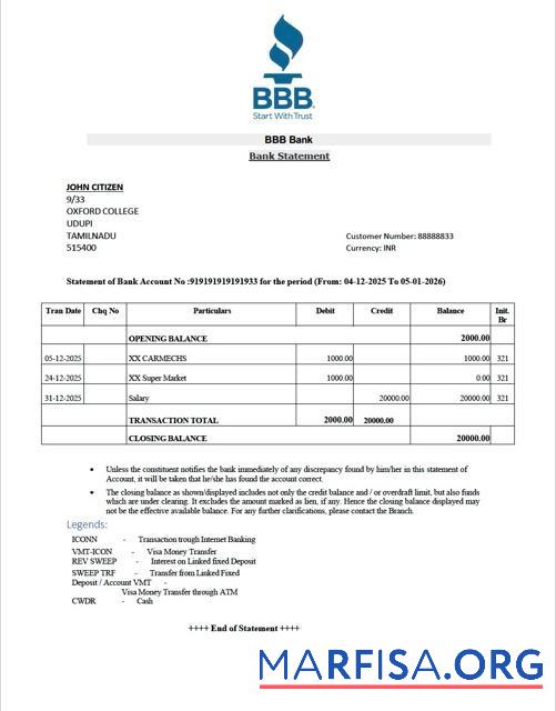 Realistic India BBB bank statement word sample